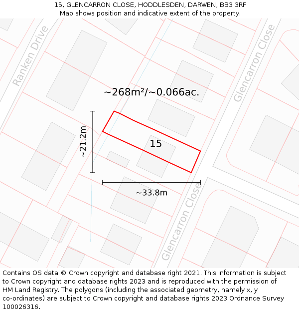 15, GLENCARRON CLOSE, HODDLESDEN, DARWEN, BB3 3RF: Plot and title map