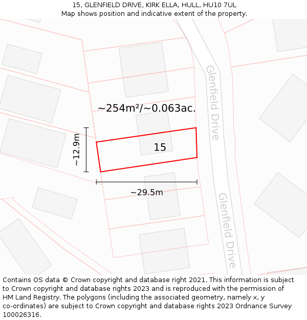 15, GLENFIELD DRIVE, KIRK ELLA, HULL, HU10 7UL: Plot and title map