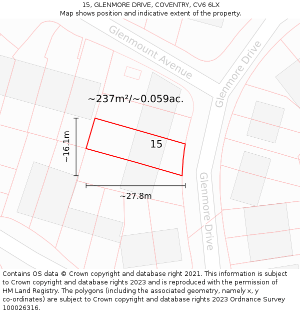15, GLENMORE DRIVE, COVENTRY, CV6 6LX: Plot and title map