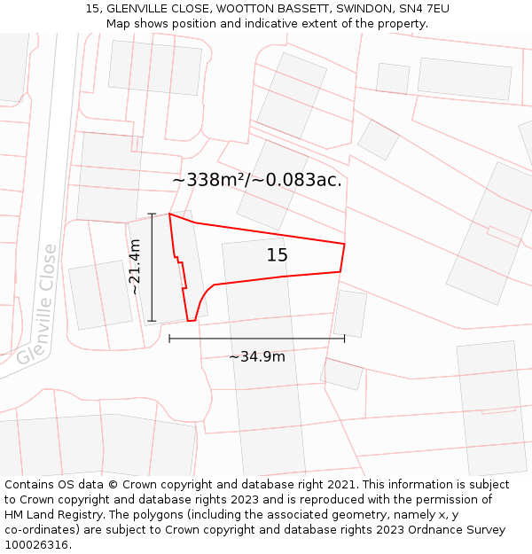 15, GLENVILLE CLOSE, WOOTTON BASSETT, SWINDON, SN4 7EU: Plot and title map