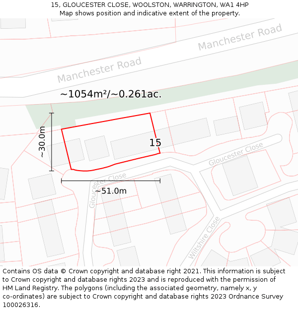 15, GLOUCESTER CLOSE, WOOLSTON, WARRINGTON, WA1 4HP: Plot and title map