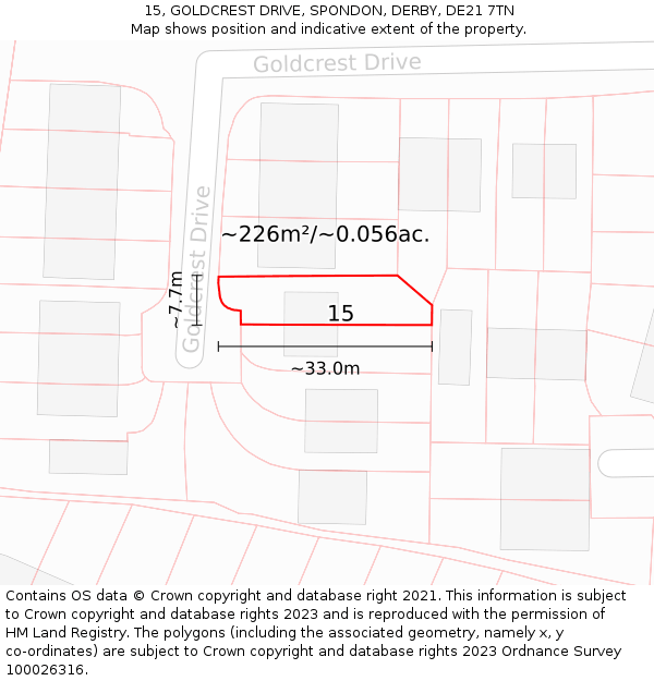 15, GOLDCREST DRIVE, SPONDON, DERBY, DE21 7TN: Plot and title map