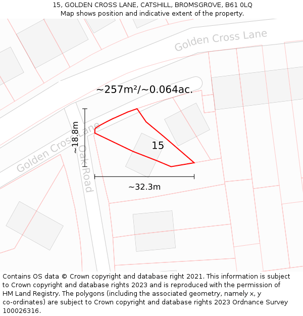 15, GOLDEN CROSS LANE, CATSHILL, BROMSGROVE, B61 0LQ: Plot and title map