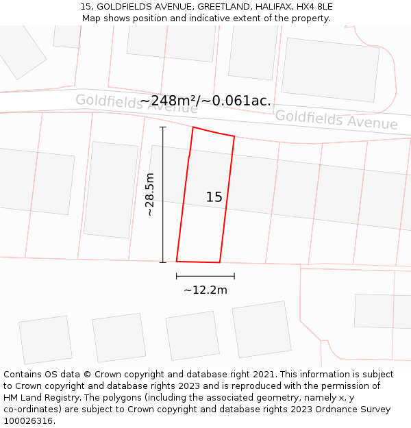 15, GOLDFIELDS AVENUE, GREETLAND, HALIFAX, HX4 8LE: Plot and title map