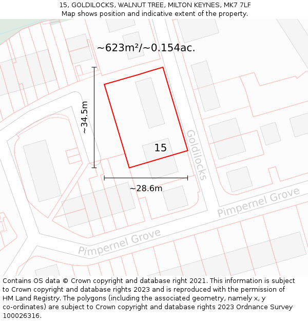 15, GOLDILOCKS, WALNUT TREE, MILTON KEYNES, MK7 7LF: Plot and title map