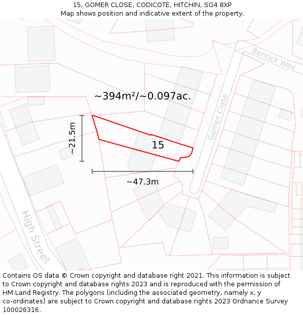 15, GOMER CLOSE, CODICOTE, HITCHIN, SG4 8XP: Plot and title map