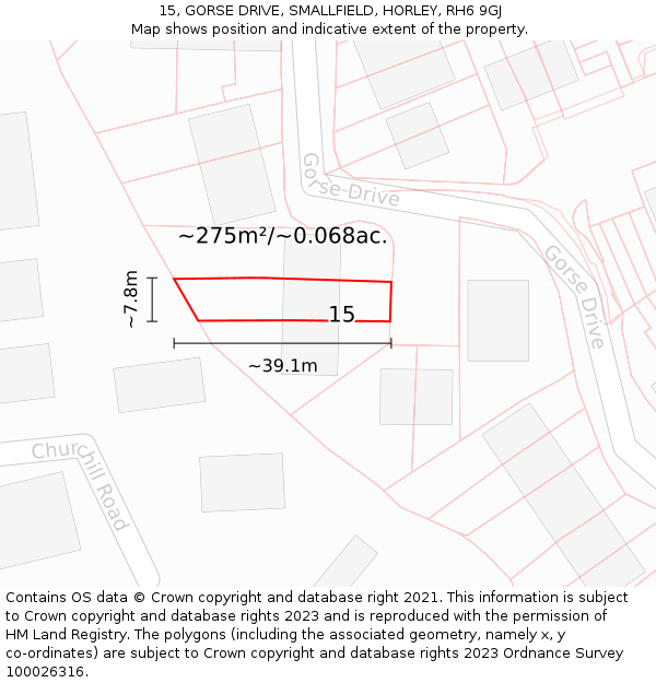 15, GORSE DRIVE, SMALLFIELD, HORLEY, RH6 9GJ: Plot and title map