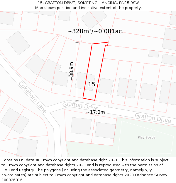 15, GRAFTON DRIVE, SOMPTING, LANCING, BN15 9SW: Plot and title map