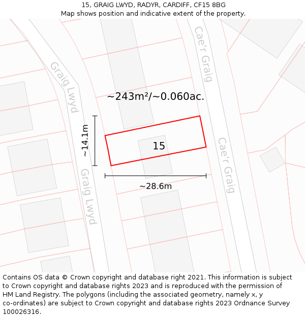 15, GRAIG LWYD, RADYR, CARDIFF, CF15 8BG: Plot and title map