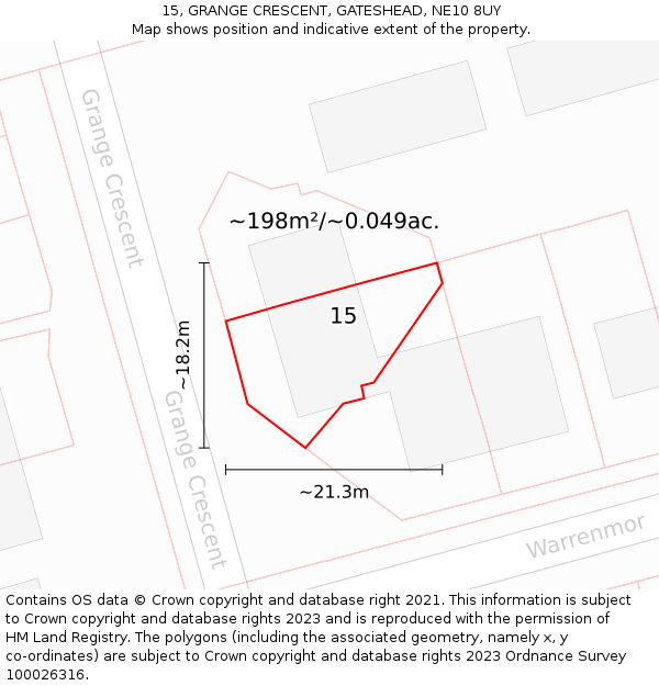 15, GRANGE CRESCENT, GATESHEAD, NE10 8UY: Plot and title map