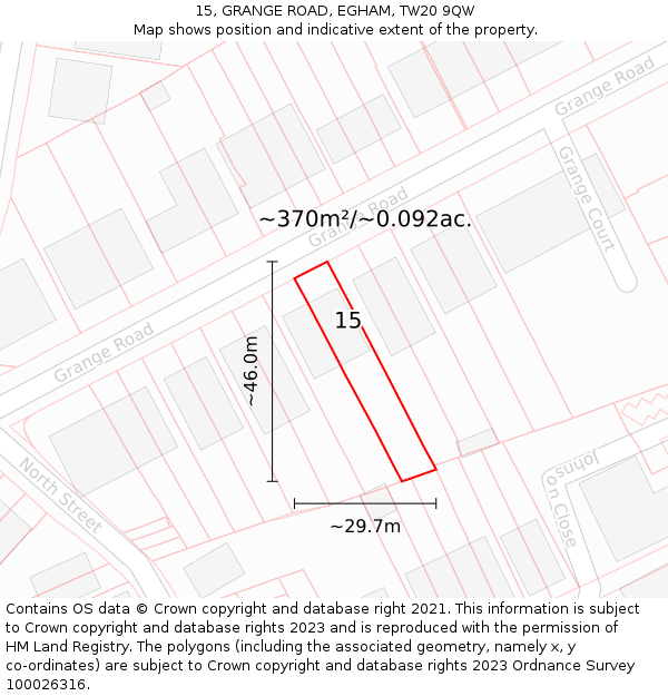 15, GRANGE ROAD, EGHAM, TW20 9QW: Plot and title map