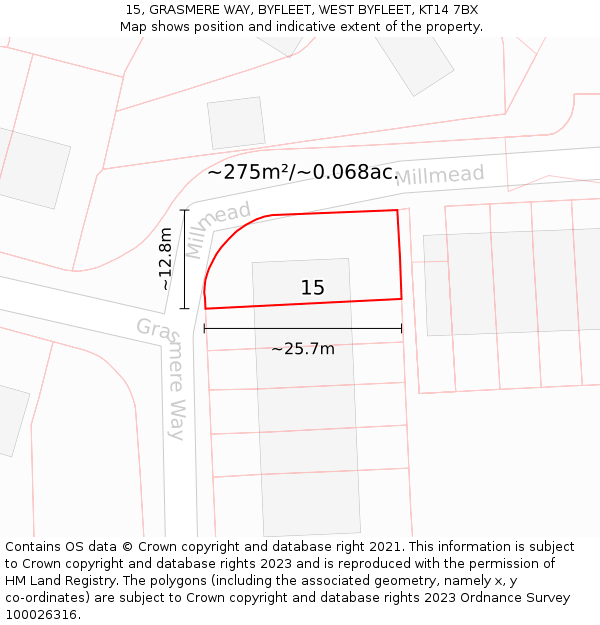 15, GRASMERE WAY, BYFLEET, WEST BYFLEET, KT14 7BX: Plot and title map
