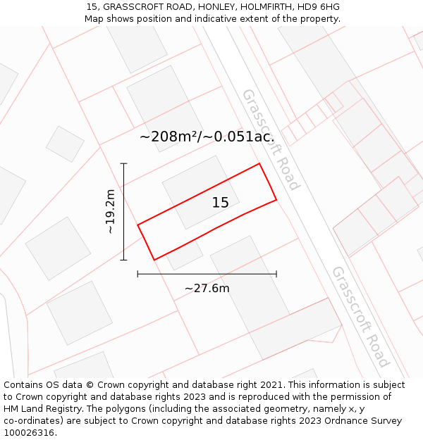 15, GRASSCROFT ROAD, HONLEY, HOLMFIRTH, HD9 6HG: Plot and title map