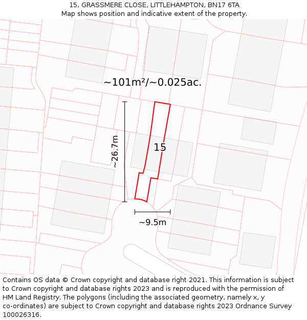 15, GRASSMERE CLOSE, LITTLEHAMPTON, BN17 6TA: Plot and title map