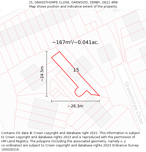 15, GRASSTHORPE CLOSE, OAKWOOD, DERBY, DE21 4RW: Plot and title map