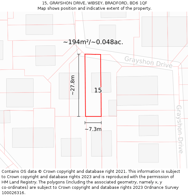 15, GRAYSHON DRIVE, WIBSEY, BRADFORD, BD6 1QF: Plot and title map
