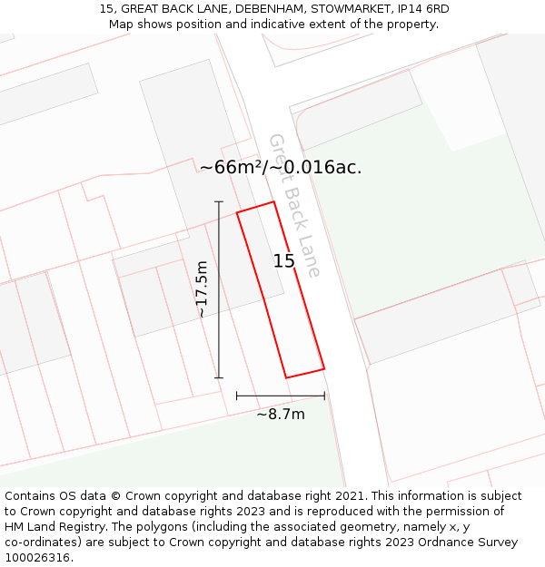 15, GREAT BACK LANE, DEBENHAM, STOWMARKET, IP14 6RD: Plot and title map