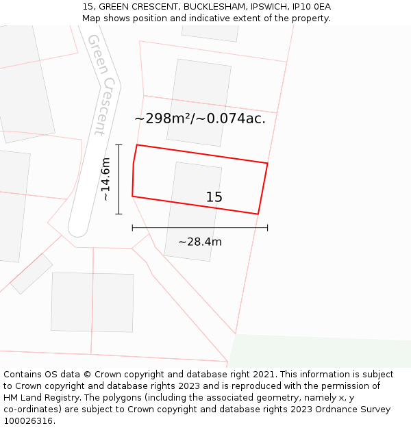 15, GREEN CRESCENT, BUCKLESHAM, IPSWICH, IP10 0EA: Plot and title map