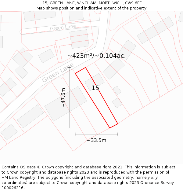 15, GREEN LANE, WINCHAM, NORTHWICH, CW9 6EF: Plot and title map
