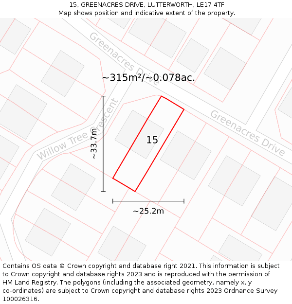 15, GREENACRES DRIVE, LUTTERWORTH, LE17 4TF: Plot and title map