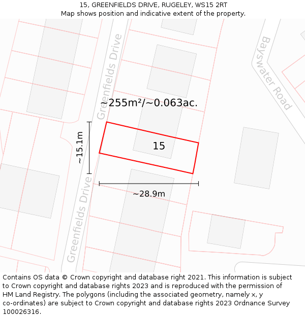 15, GREENFIELDS DRIVE, RUGELEY, WS15 2RT: Plot and title map