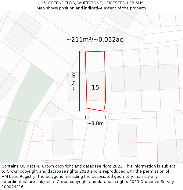 15, GREENFIELDS, WHETSTONE, LEICESTER, LE8 6NY: Plot and title map