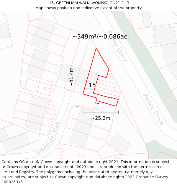 15, GREENHAM WALK, WOKING, GU21 3HB: Plot and title map