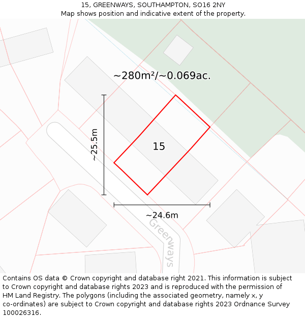 15, GREENWAYS, SOUTHAMPTON, SO16 2NY: Plot and title map