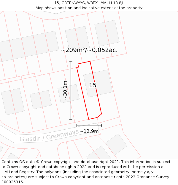 15, GREENWAYS, WREXHAM, LL13 8JL: Plot and title map
