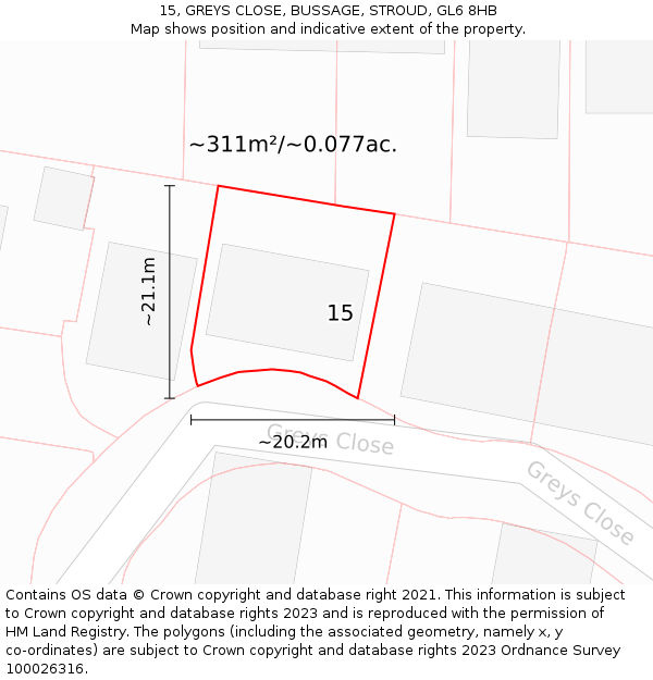 15, GREYS CLOSE, BUSSAGE, STROUD, GL6 8HB: Plot and title map