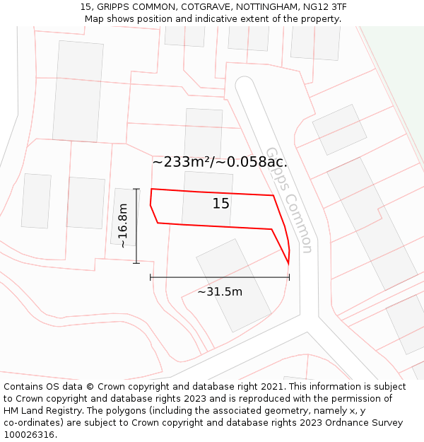 15, GRIPPS COMMON, COTGRAVE, NOTTINGHAM, NG12 3TF: Plot and title map