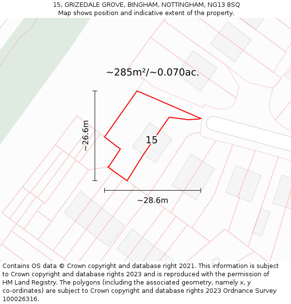 15, GRIZEDALE GROVE, BINGHAM, NOTTINGHAM, NG13 8SQ: Plot and title map
