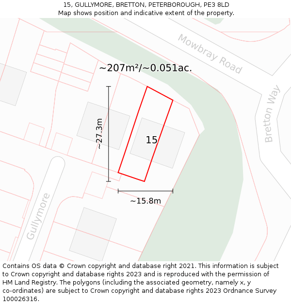 15, GULLYMORE, BRETTON, PETERBOROUGH, PE3 8LD: Plot and title map