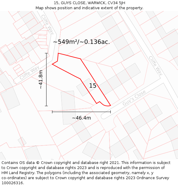 15, GUYS CLOSE, WARWICK, CV34 5JH: Plot and title map