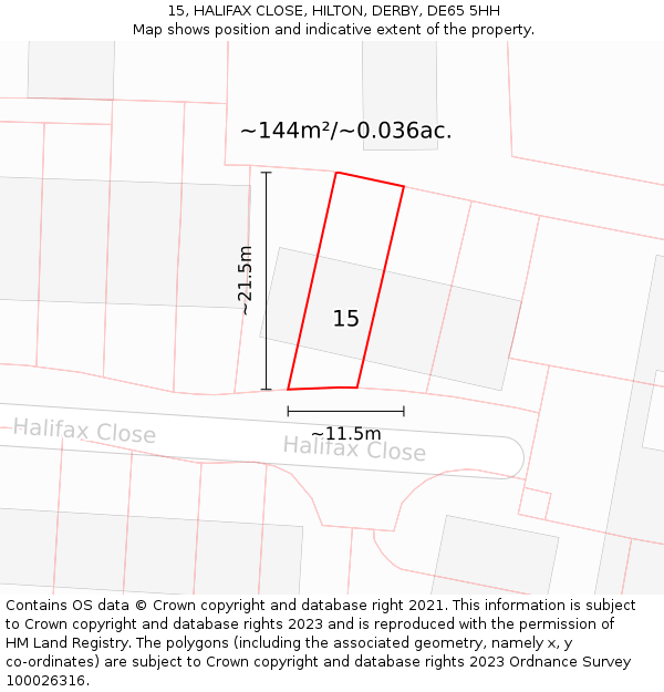 15, HALIFAX CLOSE, HILTON, DERBY, DE65 5HH: Plot and title map