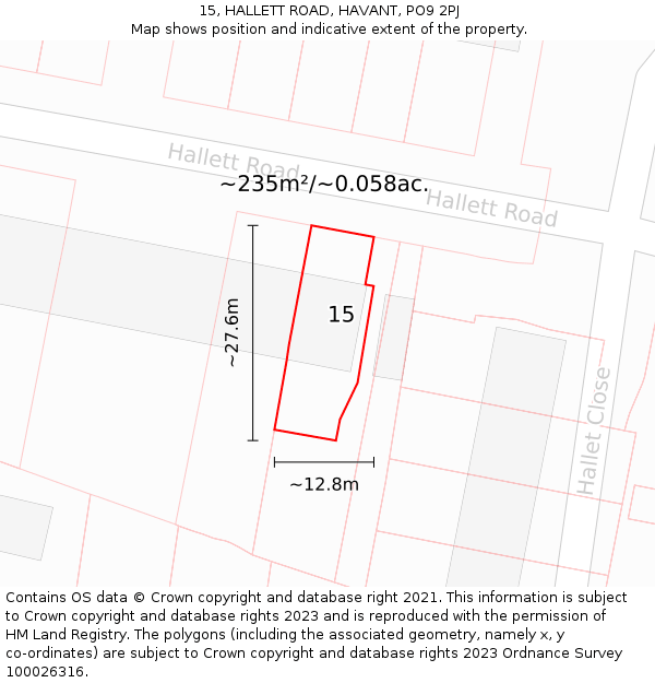 15, HALLETT ROAD, HAVANT, PO9 2PJ: Plot and title map