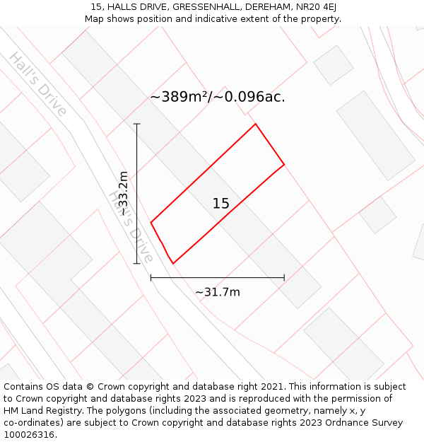 15, HALLS DRIVE, GRESSENHALL, DEREHAM, NR20 4EJ: Plot and title map