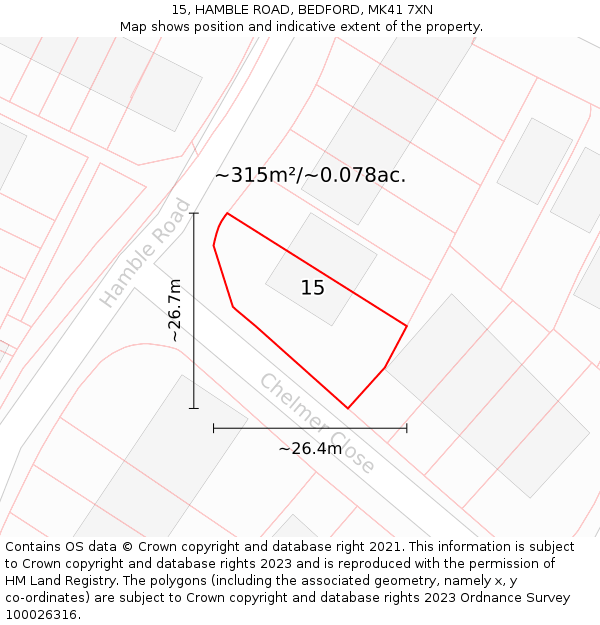 15, HAMBLE ROAD, BEDFORD, MK41 7XN: Plot and title map