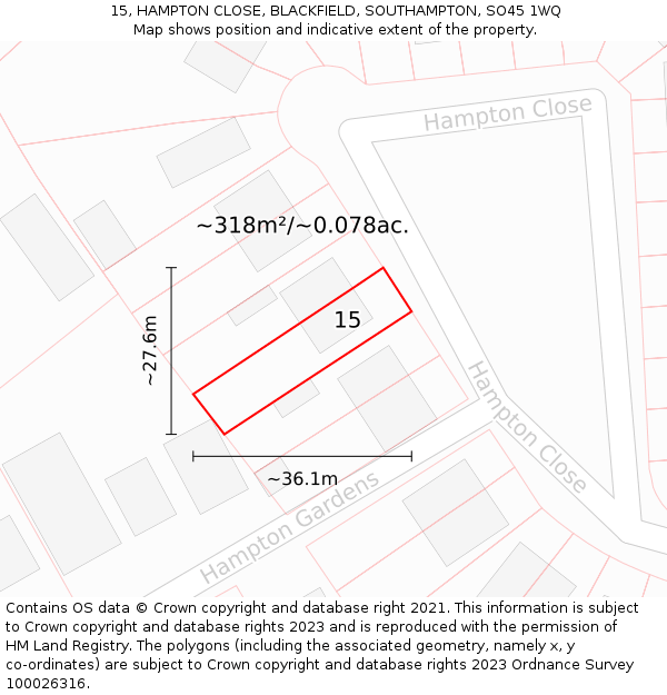 15, HAMPTON CLOSE, BLACKFIELD, SOUTHAMPTON, SO45 1WQ: Plot and title map