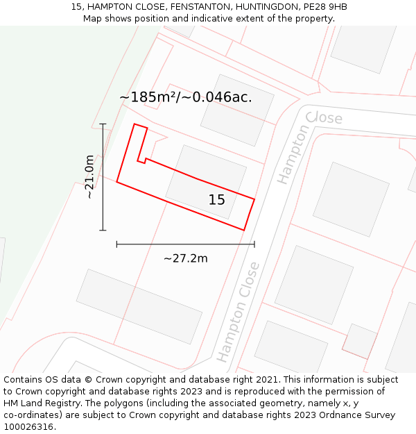 15, HAMPTON CLOSE, FENSTANTON, HUNTINGDON, PE28 9HB: Plot and title map