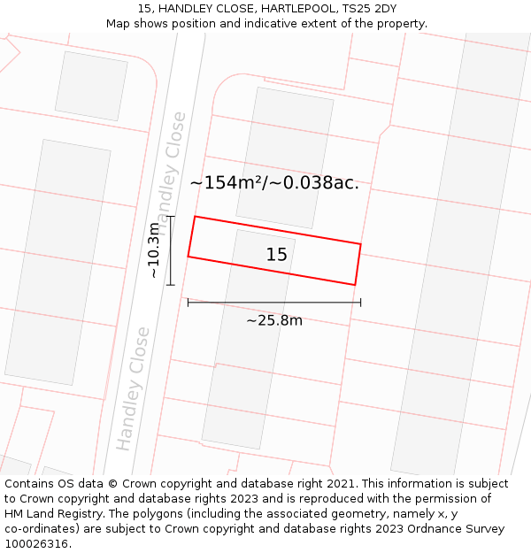 15, HANDLEY CLOSE, HARTLEPOOL, TS25 2DY: Plot and title map