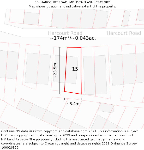 15, HARCOURT ROAD, MOUNTAIN ASH, CF45 3PY: Plot and title map