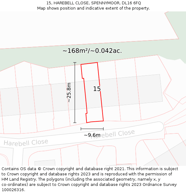15, HAREBELL CLOSE, SPENNYMOOR, DL16 6FQ: Plot and title map