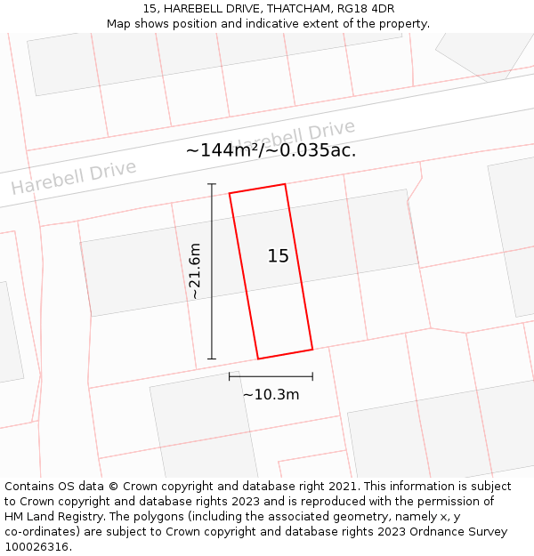 15, HAREBELL DRIVE, THATCHAM, RG18 4DR: Plot and title map