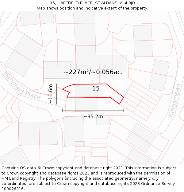 15, HAREFIELD PLACE, ST ALBANS, AL4 9JQ: Plot and title map