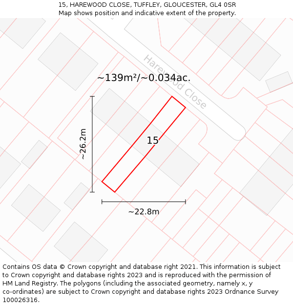 15, HAREWOOD CLOSE, TUFFLEY, GLOUCESTER, GL4 0SR: Plot and title map