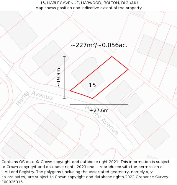 15, HARLEY AVENUE, HARWOOD, BOLTON, BL2 4NU: Plot and title map