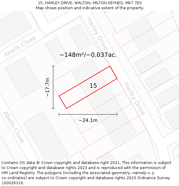 15, HARLEY DRIVE, WALTON, MILTON KEYNES, MK7 7EX: Plot and title map