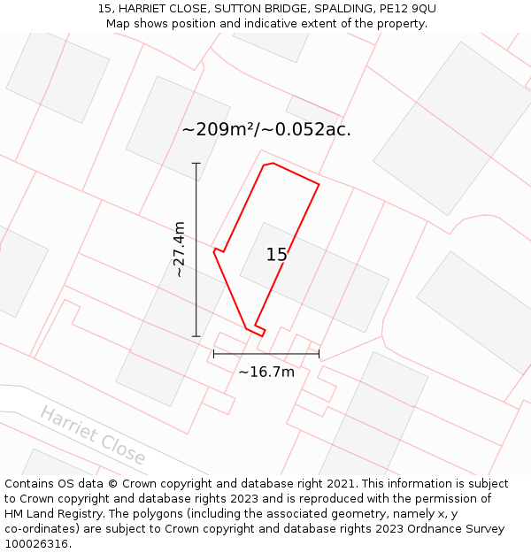 15, HARRIET CLOSE, SUTTON BRIDGE, SPALDING, PE12 9QU: Plot and title map