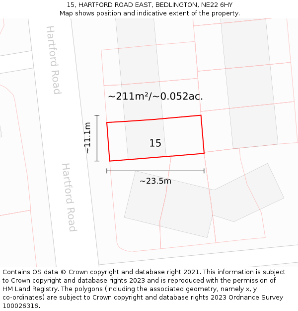 15, HARTFORD ROAD EAST, BEDLINGTON, NE22 6HY: Plot and title map